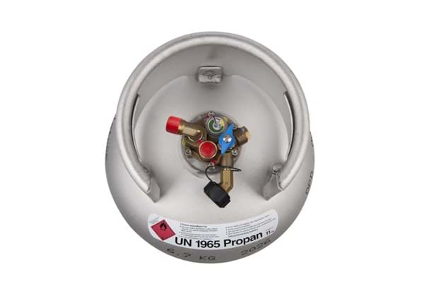 27-liter upright LPG cylinder, red, with knee joint