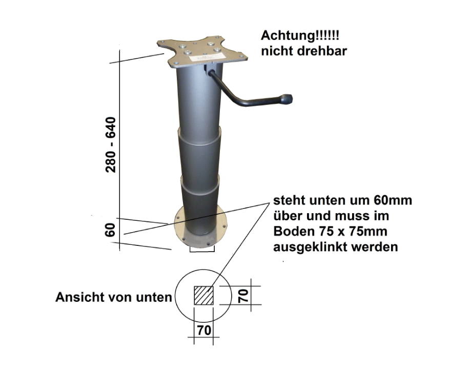 Tafelpoot inschuifbaar + verdraaibaar